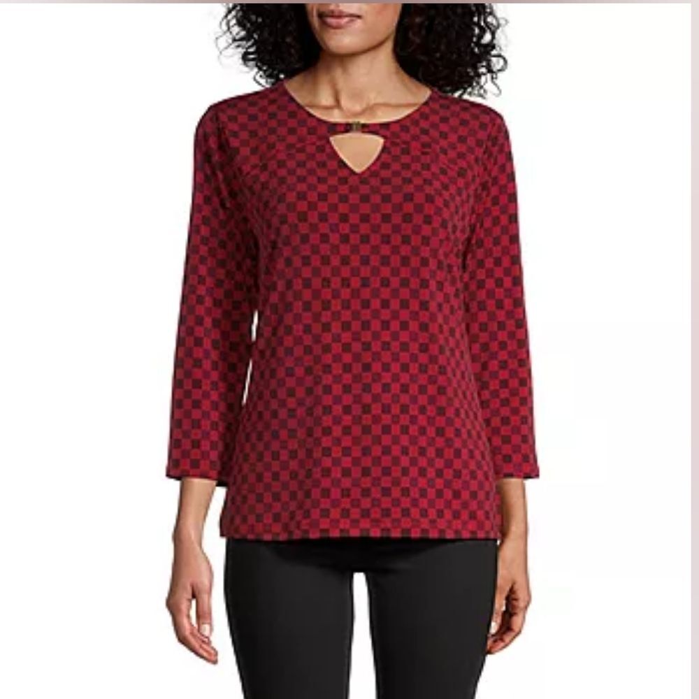 🆕 Liz Claiborne Cabaret Red Plaid Checkered Keyhole Neck 3/4 Sleeve Blouse_PM